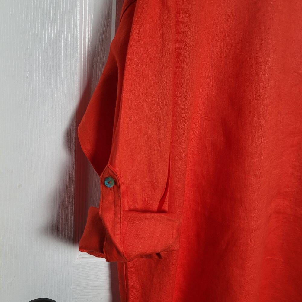 Magaschoni Shirt Top Womens Large Orange Linen Button Up Roll Tab Oversized - Picture 6 of 10